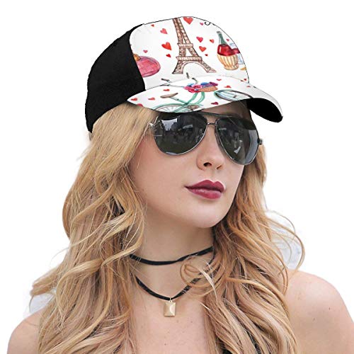 Hip Hop Sun Hat Baseball Cap,Paris Illustration of Hearts Eiffel Tower Red Wine Coffee Perfume Romance Themed,For Men&Women