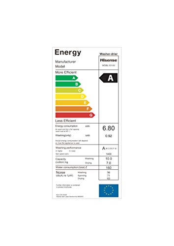 Hisense WDBL1014V - Lavadora Secodora, Carga Frontal 10 Kg Lavado, 7 Kg de Secado, 1400 RPM, Motor Eficiente Inverter, 16 Programas, Puerta Extra Grande, Color Blanco,Gran Display LED,Lavado rápido,