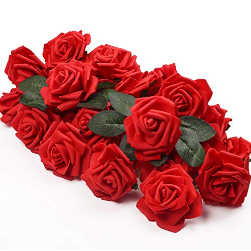 Hiveseen 30 Piezas Rosas Artificiales, Flores Artificiales Rosa Espuma Mirada Real con Hojas y Tallos Ajustable para Hogar Boda Fiesta Decoraciones