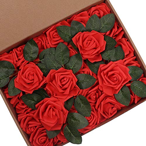 Hiveseen 30 Piezas Rosas Artificiales, Flores Artificiales Rosa Espuma Mirada Real con Hojas y Tallos Ajustable para Hogar Boda Fiesta Decoraciones