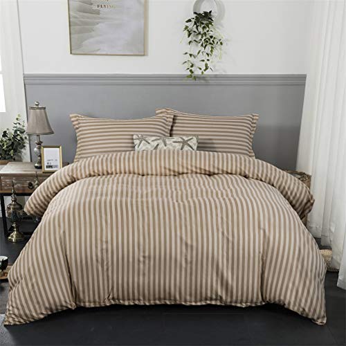 HNHDDZ Ropa de Cama Conjunto de 3 Piezas Estilo Simple Patrón de Rayas Funda nórdica 220x240 cm y Funda de Almohada 48x74 cm con Cremallera Poliéster (Marrón Claro)
