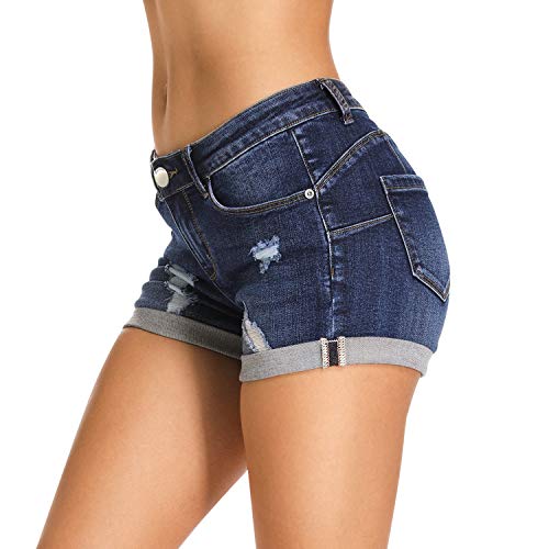 Hocaies Mujer Pantalón Corto Vaquero con Dibujo y Bordado Pantalones Vaqueros con Bolsillos (ES 38 (27W), 03 Azul Oscuro)