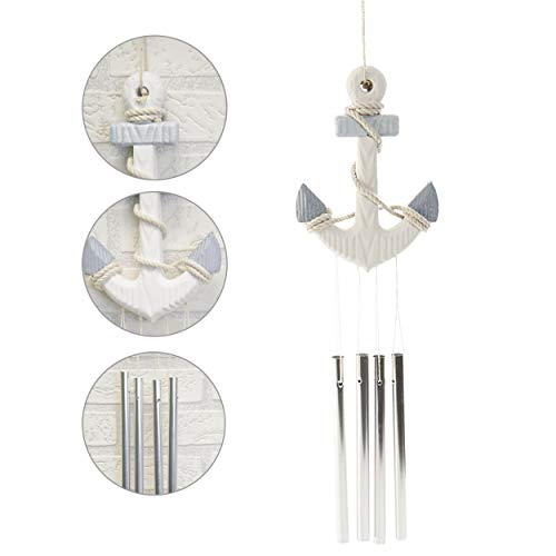 Hogar y Mas Avisador Puerta, Ancla Decorativa de Madera. Decoración Marinera con Campanas Tubulares de Metal 12X3X50