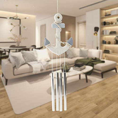 Hogar y Mas Avisador Puerta, Ancla Decorativa de Madera. Decoración Marinera con Campanas Tubulares de Metal 12X3X50