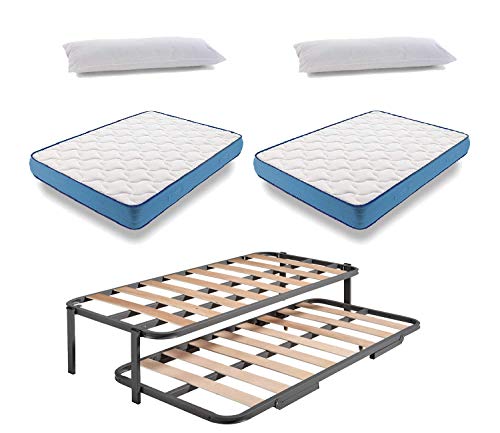 HOGAR24 ES Cama Nido Metálica Reforzada + 2 Colchones Viscoelasticos Viscorelax + 2 Almohadas De Fibra Resinada, 80x190 cm