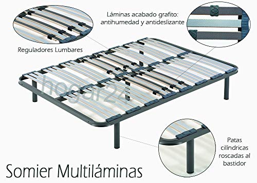 HOGAR24 ES Somier Multiláminas con Reguladores Lumbares, 135x190 cm (5 Patas de 32 cm Incluidas)