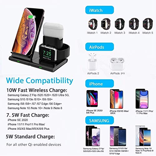 Hoidokly Cargador Inalámbrico, 3 en 1 Soporte de Carga para iPhone y Apple Watch, Base de Carga Rápida para iWatch 2/3/4/5, AirPods Pro, iPhone SE/11/11 Pro MAX/XS MAX/X(No Cable de Carga del iWatch)