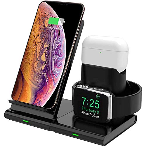 Hoidokly Cargador Inalámbrico, 3 en 1 Soporte de Carga para iPhone y Apple Watch, Base de Carga Rápida para iWatch 2/3/4/5, AirPods Pro, iPhone SE/11/11 Pro MAX/XS MAX/X(No Cable de Carga del iWatch)