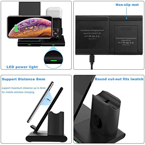 Hoidokly Cargador Inalámbrico, 3 en 1 Soporte de Carga para iPhone y Apple Watch, Base de Carga Rápida para iWatch 2/3/4/5, AirPods Pro, iPhone SE/11/11 Pro MAX/XS MAX/X(No Cable de Carga del iWatch)