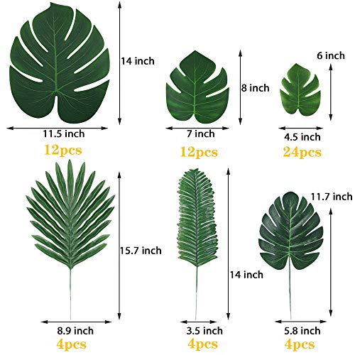 Hojas artificiales largas de Zhou, 60 piezas, hojas de palmera tropical, hojas de Monstera, selva, playa, decoraciones para fiestas (6 tipos)