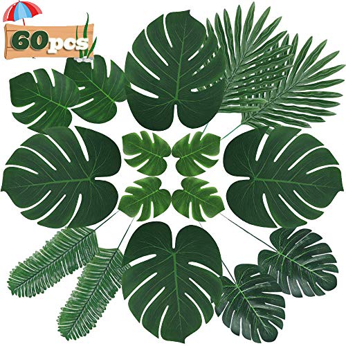 Hojas artificiales largas de Zhou, 60 piezas, hojas de palmera tropical, hojas de Monstera, selva, playa, decoraciones para fiestas (6 tipos)