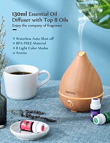 Homasy 130ml Difusor de Aromaterapia con 8 Botellas de Aceite Esencial 100% Puro, Difusor de Aroma Silencioso y Silencioso, 8 Luces LED de Color, sin BPA para el Hogar y la Oficina,Amarillo