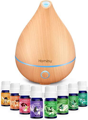 Homasy 130ml Difusor de Aromaterapia con 8 Botellas de Aceite Esencial 100% Puro, Difusor de Aroma Silencioso y Silencioso, 8 Luces LED de Color, sin BPA para el Hogar y la Oficina,Amarillo