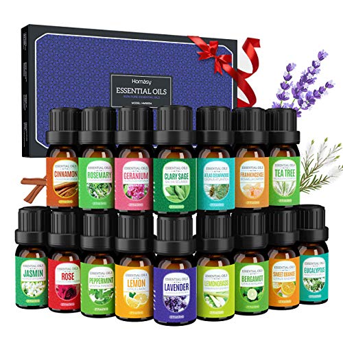 Homasy Caja De Aceites Esenciales, 16 X 5 ml Aceites Esenciales Orgánicos Puros Al 100% Para Difusor/Humidificador, El Mejor Regalo, Lavanda, Naranja Dulce, árbol De Té, Hierba De Limón, Etc.