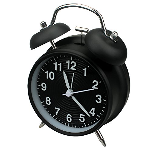 homchen Reloj Despertador de Campana Doble de 10,16 cm, sin tictac, Funciona con Pilas, Tradicional, con luz Nocturna, para dormitorios (Negro)