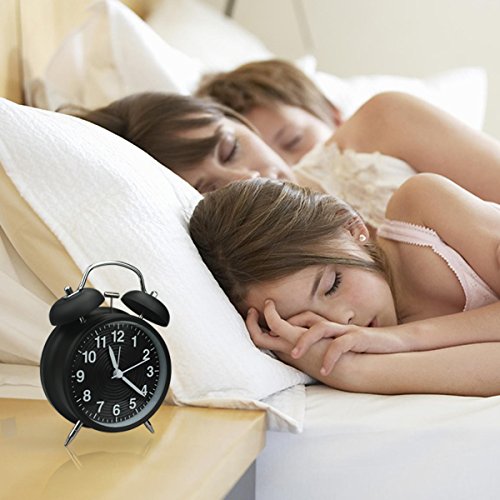 homchen Reloj Despertador de Campana Doble de 10,16 cm, sin tictac, Funciona con Pilas, Tradicional, con luz Nocturna, para dormitorios (Negro)