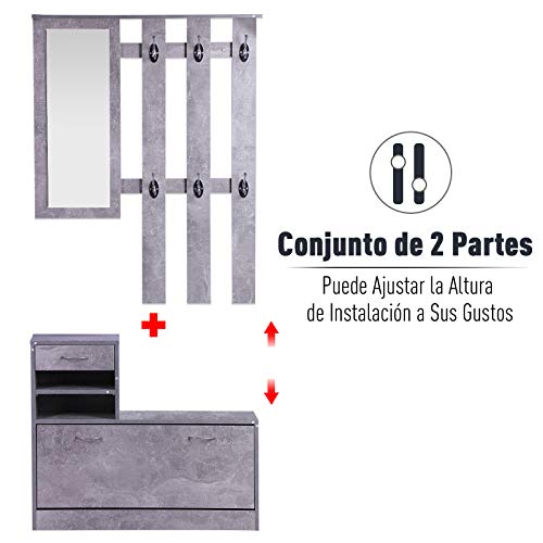 HOMCOM Conjunto de Muebles de Entrada Recibidor Pasillo Set de 3 Piezas Perchero Espejo Zapatero con Cajón 90x22x116cm Madera Gris