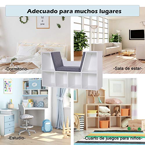 HOMCOM Estantería Librería con Asiento 6 Cubo Librería Original Infantil Zapatero con Cojín Estante con Banco Multiusos 102x30x61cm