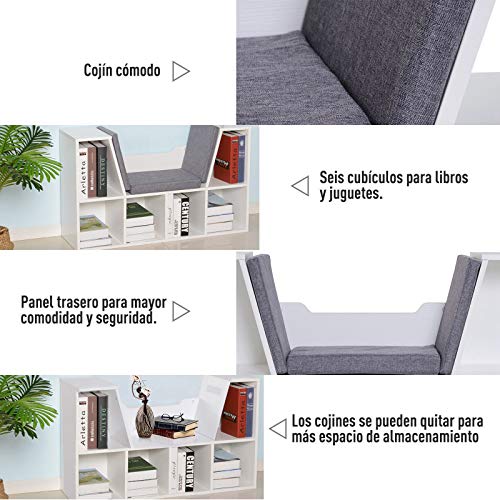 HOMCOM Estantería Librería con Asiento 6 Cubo Librería Original Infantil Zapatero con Cojín Estante con Banco Multiusos 102x30x61cm