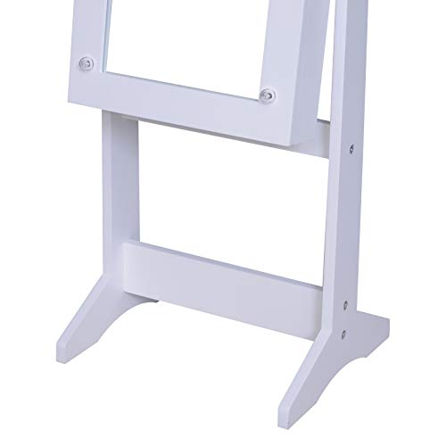 HOMCOM Joyero de Pie con Espejo Armario para Joyas 16 Luces LED Reclinable Guardajoyas Anillos Pendientes Collares Madera 36x30x136cm Blanco