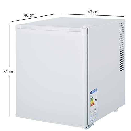 HOMCOM Mini Frigorífico Mini Bar Volumen 50 L Mini Nevera con Estante Extraíble Ajustable LED Ruido Mínimo de Eficiencia Energética 43x48x51 cm Blanco