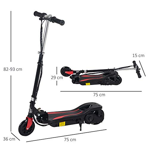 HOMCOM Patinete Eléctrico Altura Ajustable Scooter Eléctrico Plegable con Interruptor de Arranque Freno de Manillar Izquierdo Soporta hasta 50 kg 75x36x82-93 cm Negro