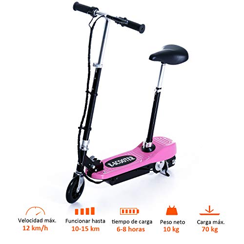 HOMCOM Patinete Eléctrico Plegable para Niño E-Scooter Batería 120W Manillar Asiento Ajustable Freno Pie de Apoyo para Adolescentes Rosa