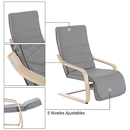 HOMCOM Sillón de Relax Silla de Relax Madera de Abedul Reposapiernas a 5 Niveles 2 Colores (Gris)