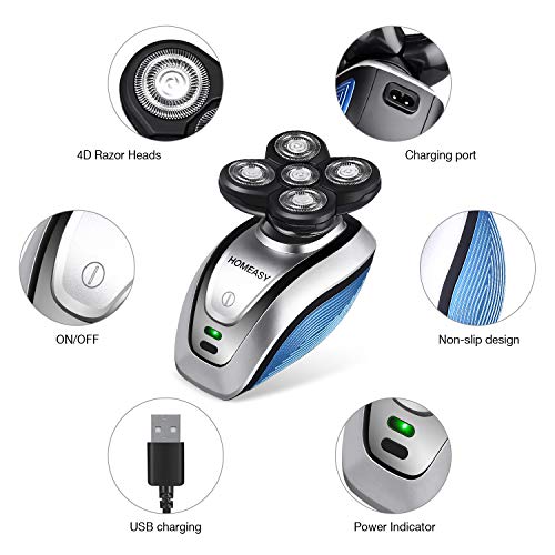 homeasy Afeitadora Eléctrica Cortapelos hombre con 5 Cabezas Flotantes de 4D con uso en seco/húmedo, USB Recargable Multifuncional Afeitadora Rotativa Para Cabello,Nariz,Bigote,Barba(Impermeable)