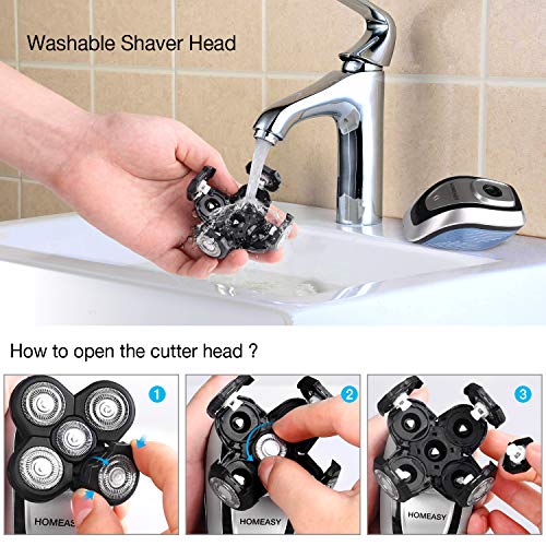 homeasy Afeitadora Eléctrica Cortapelos hombre con 5 Cabezas Flotantes de 4D con uso en seco/húmedo, USB Recargable Multifuncional Afeitadora Rotativa Para Cabello,Nariz,Bigote,Barba(Impermeable)