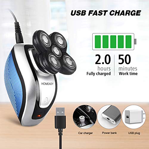 homeasy Afeitadora Eléctrica Cortapelos hombre con 5 Cabezas Flotantes de 4D con uso en seco/húmedo, USB Recargable Multifuncional Afeitadora Rotativa Para Cabello,Nariz,Bigote,Barba(Impermeable)