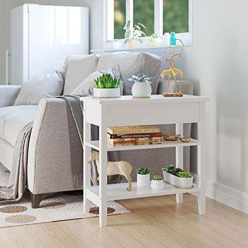 HOMECHO Mesa Auxiliar para Sofá Mesita Lateral para Salón Dormitorio Oficina con 2 Estantes y 1 Cajón para Almacenamiento de Madera Blanca 60 x 30 x 60 cm