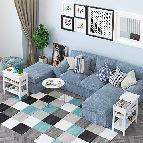 HOMECHO Mesa Auxiliar para Sofá Mesita Lateral para Salón Dormitorio Oficina con 2 Estantes y 1 Cajón para Almacenamiento de Madera Blanca 60 x 30 x 60 cm