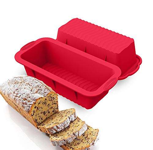 HOMEK Molde Rectangular de Silicona, 2 Piezas Rectangular Antiadherente Molde para Hornear de Silicona para Tostadas Dulces Pan Reposteria Suministros de Cocina, Rojo 25x12x7,5cm