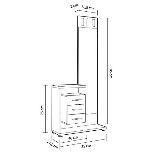 HomeSouth - Recibidor con Espejo y Tres cajones, Mueble de Entrada Acabado en Blanco y Cambria, Modelo Prisma, Medidas: 75 x 85 x 27,9 cm de Fondo