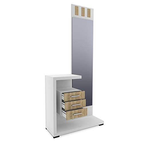 HomeSouth - Recibidor con Espejo y Tres cajones, Mueble de Entrada Acabado en Blanco y Cambria, Modelo Prisma, Medidas: 75 x 85 x 27,9 cm de Fondo