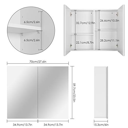 Homfa Armario Baño con Espejo Armario de Pared con 2 Armario Colgante Puertas 4 Compartimentos 70x15.3x59.7cm