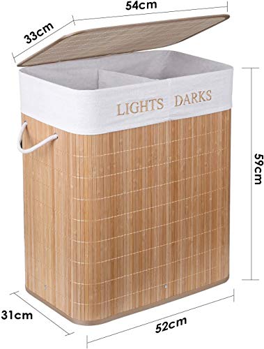 Homfa Cesto para la Colada Pelegable con 2 Compartimientos Cesta para Ropa Sucia con Tapa y Bolsa Extraíble Cesta de Lavandería de Bambú 100L 54 x 33 x 59.5 cm (Natural)