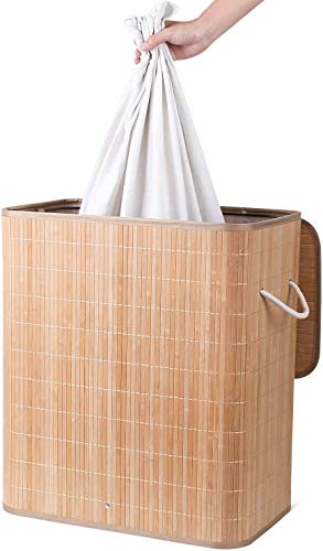 Homfa Cesto para la Colada Pelegable con 2 Compartimientos Cesta para Ropa Sucia con Tapa y Bolsa Extraíble Cesta de Lavandería de Bambú 100L 54 x 33 x 59.5 cm (Marrón)