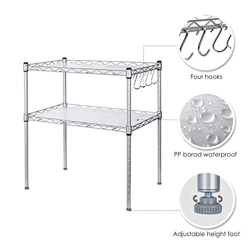 HOMFA Estantería de Cocina Soporte para Horno Estante de Almacenamiento para Microondas Acero Carbono 2 Estantes con Ganchos 54 x 34 x 58cm Plata