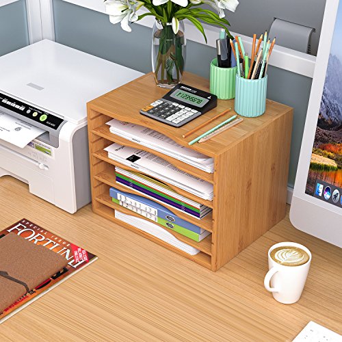 Homfa Organizador Material de Escritorio Bambú Archivador de Documentos Almacenamiento para Oficina Estudio con 4 Compartimentos 36x25x26cm