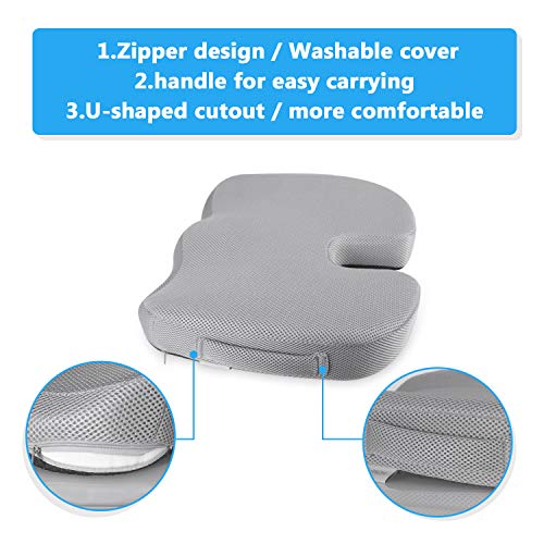 Homfy - Cojín de asiento ortopédico con gel de espuma viscoelástica con funda de cojín extraíble, cojín de asiento ergonómico para oficina, silla de ruedas y coche (gris)