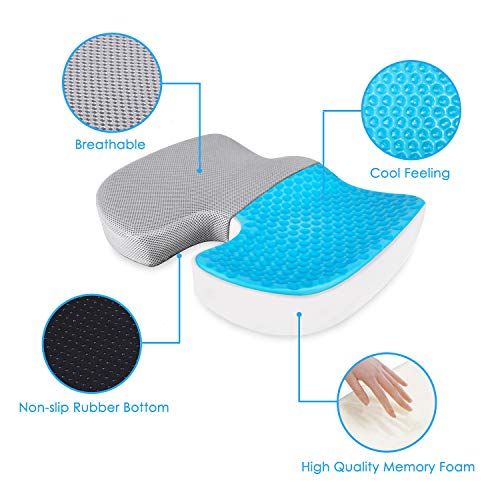 Homfy - Cojín de asiento ortopédico con gel de espuma viscoelástica con funda de cojín extraíble, cojín de asiento ergonómico para oficina, silla de ruedas y coche (gris)