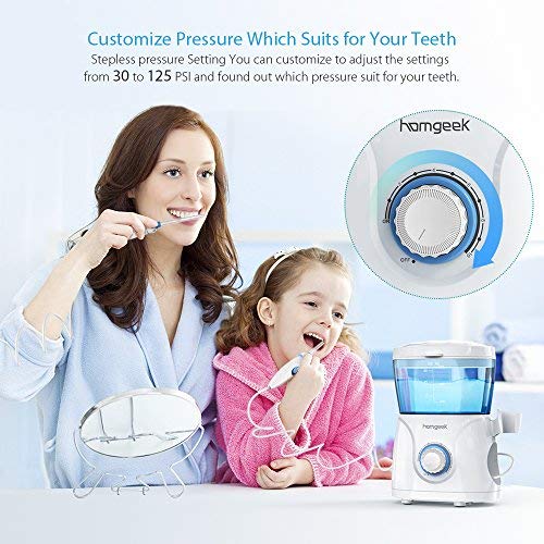 Homgeek Irrigador Bucal, Irrigador Dental Profesional con 7 Boquillas Multifuncionales 10 Ajustes de Presión 600ml, Efectivamente Limpia los Dientes y Protege la Salud Bucal de Toda la Familia