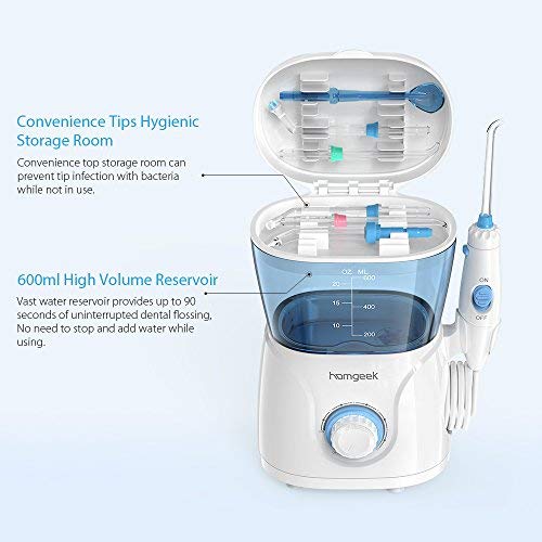 Homgeek Irrigador Bucal, Irrigador Dental Profesional con 7 Boquillas Multifuncionales 10 Ajustes de Presión 600ml, Efectivamente Limpia los Dientes y Protege la Salud Bucal de Toda la Familia