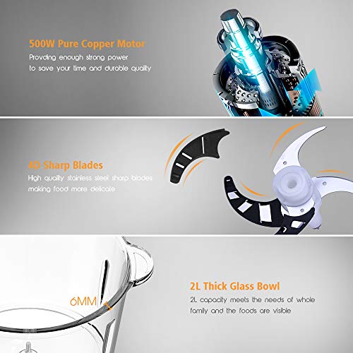 homgeek Picadora de Acero Inoxidable, Trituradora de Alimentos de 500 vatios, Modo de 2 Velocidades, 2L de Gran Capacidad, Hoja Ajustable 4D, Sin BPA, Negro