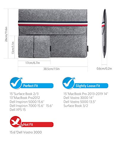 HOMIEE 15 Pulgadas Funda de Fieltro para portátiles con Bolsillo de Almacenamiento Extra y Almohadilla, Funda de Fieltro para Tableta, Funda de Transporte con Bolsillos para portátiles MacBook Pro