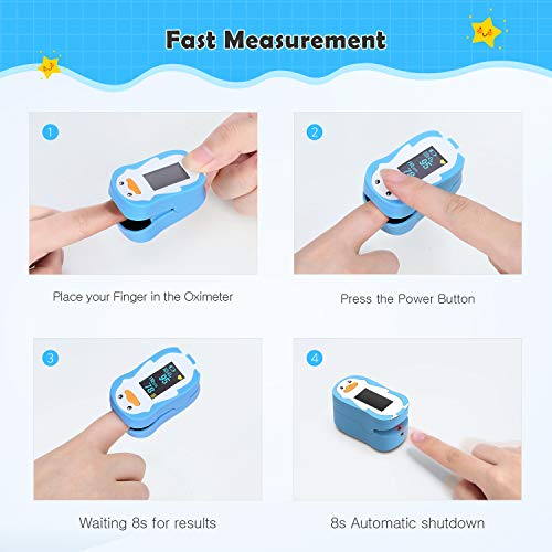 HOMIEE Punta de Dedo del Oxímetro de Pulso para Niños, Niños Uso Infantil Monitor de Saturación de Oxígeno en la Sangre Oxímetro de SpO2, Función de Reposo Automático, Pantalla OLED de 4 Direcciones