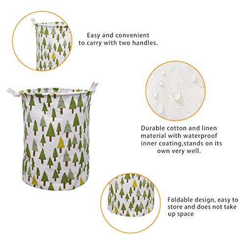 HOMVILLA Cesto de Ropa Grande, Cesto de Ropa Plegable de Tela, Bolsa de Lavandería Plegable de Lino Redonda de Algodón Impermeable Papelera de Lavado Plegable con Asas Cómodas (Árbol)