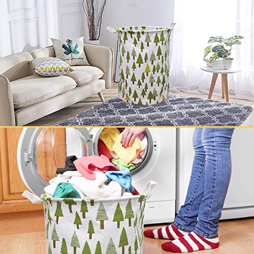 HOMVILLA Cesto de Ropa Grande, Cesto de Ropa Plegable de Tela, Bolsa de Lavandería Plegable de Lino Redonda de Algodón Impermeable Papelera de Lavado Plegable con Asas Cómodas (Árbol)